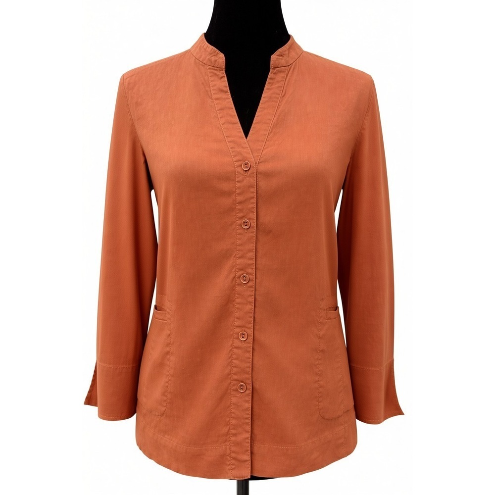 Eileen Fisher Womens Nehru Collar Button Down Blouse Size XS Brown Linen Blend